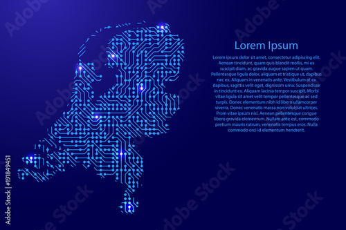 Map Netherlands from printed board, chip and radio component with blue star space on the contour for banner, poster, greeting card, of vector illustration.