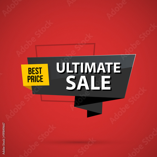 Ultimate sale banner template in business origami style on deep red background