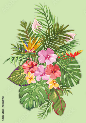 Illustration of a beautiful exotic bouquet with tropical flowers and leaves