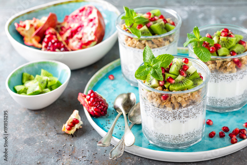 Layered chia pudding parfait with kiwi fruit, pomegranate, granola and yogurt, healthy breakfast