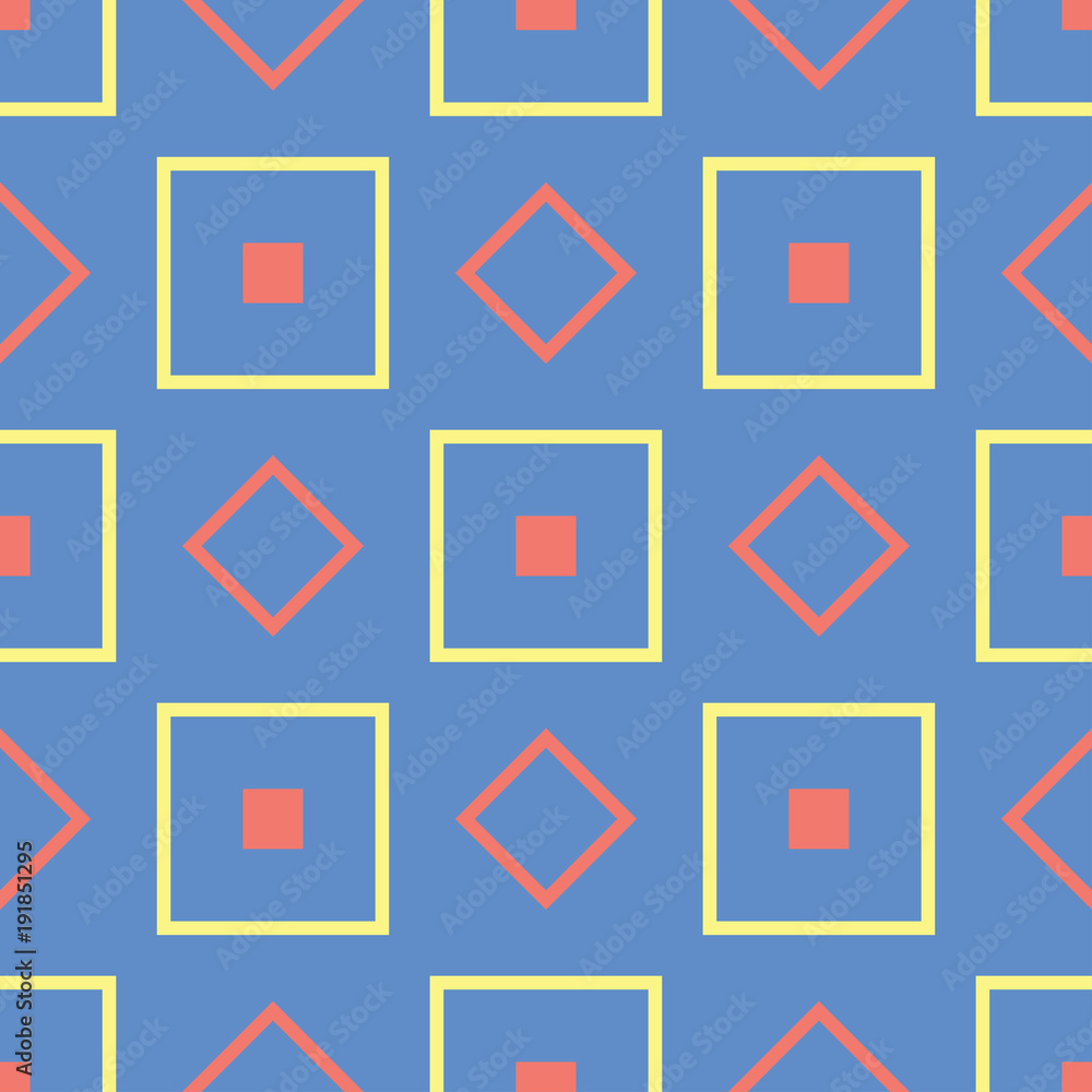Blue geometric seamless background. Bright multi colored design with red and yellow pattern Blue geometric seamless background. Bright multi colored design with red and yellow pattern