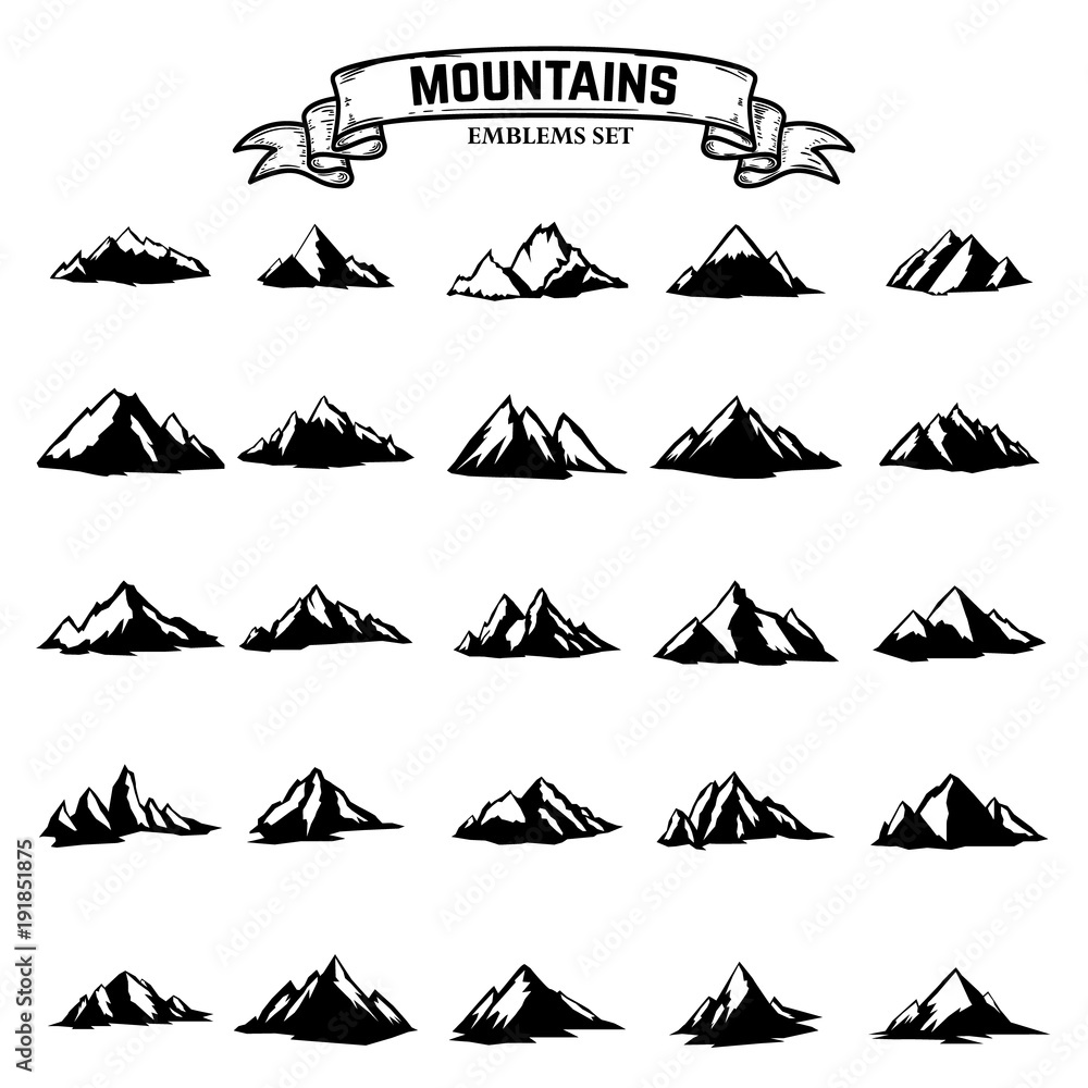 Big set of mountains icons isolated on white background. Design elements for logo, label, emblem, sign.