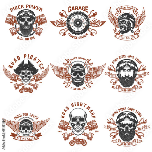 Set of biker emblems. Racer skull with crossed pistons. Extreme motorsport. Design elements for logo, label, emblem, sign.