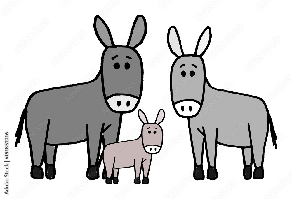 Cute kid easy vector illustration of donkey family including mother, father and kid, isolated on white background. Cute kid easy vector illustration of donkey family including mother, father and kid, isolated on white background.