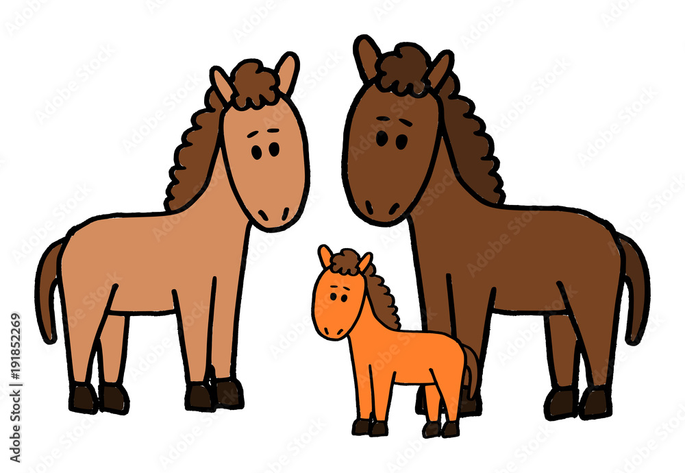 Cute kid easy vector illustration of horse family including mother, father and kid, isolated on white background.