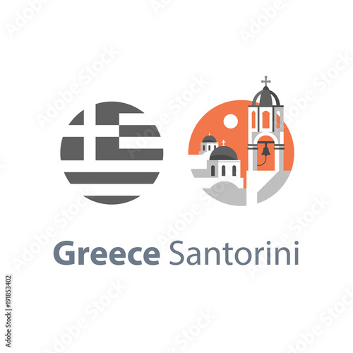 Greek architecture, Greece travel destination, Santorini white and blue houses with dome roof stylized concept, bell tower