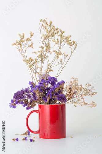 Dried flowers in a red coffee cup.  Sea lavender and Gypsophila paniculata(Babysbreath) photo