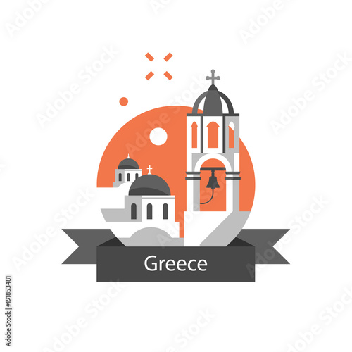 Greek architecture, Greece travel destination, Santorini white and blue houses with dome roof stylized concept, bell tower