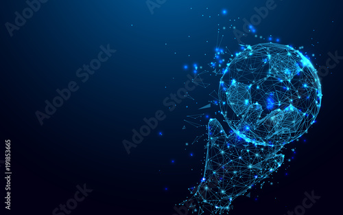 Abstract goalkeeper hands catching ball form lines and triangles, point connecting network on blue background. Illustration vector