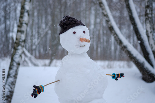 the funny snowman in the snowy forest