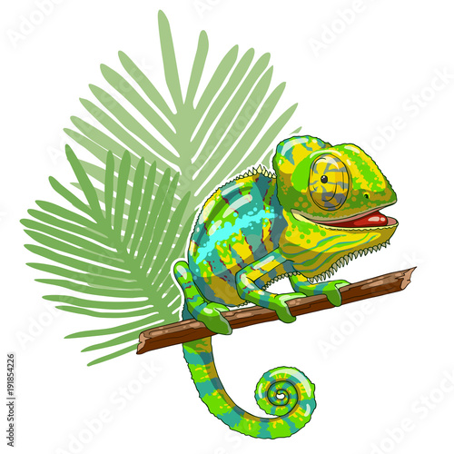 Green cartoon chameleon is sitting on branch and looking. Thoughtful and lazy wild life. Reptile on a white background. Vector illustration. Can be used for fashion print design.
