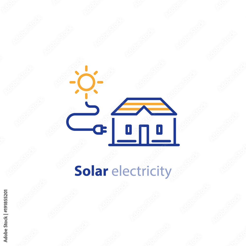 Fototapeta premium Sun energy, solar home solution, electricity services line icon