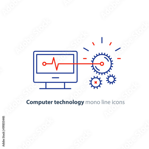Diagnostic system, engine test, software integration, data processing line icon