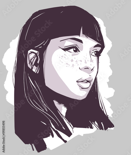 Portrait illustration of lovely girl wearing makeup in color