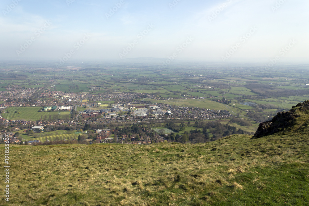 The panoramic view near Worcestershire Beacon over the town and Worcestershire countryside below, Malvern, Worcestershire, UK