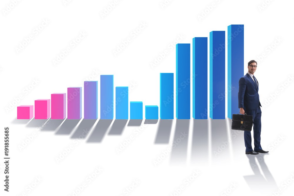 Young businessman in business concept with bar charts Young businessman in business concept with bar charts