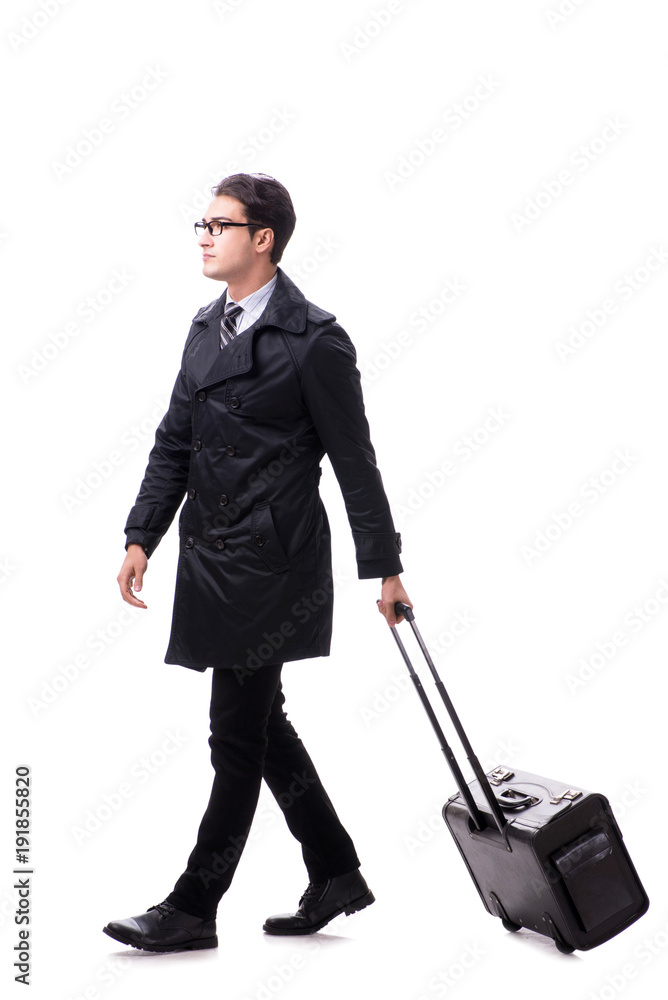Young businessman with suitcase ready for business trip on white Young businessman with suitcase ready for business trip on white