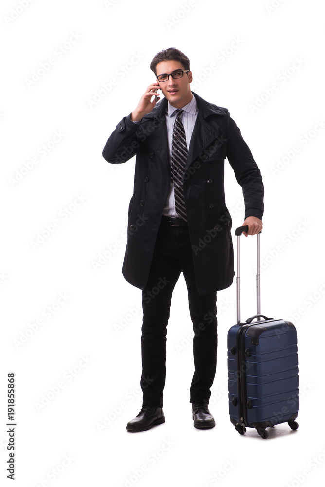 Young businessman with suitcase ready for business trip on white Young businessman with suitcase ready for business trip on white