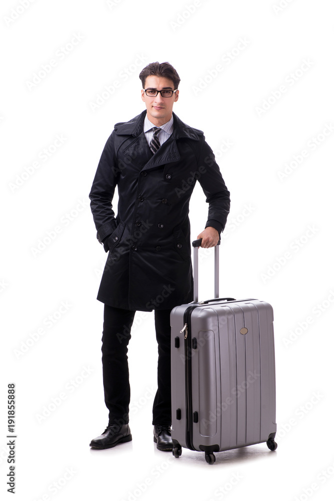 Young businessman with suitcase ready for business trip on white Young businessman with suitcase ready for business trip on white