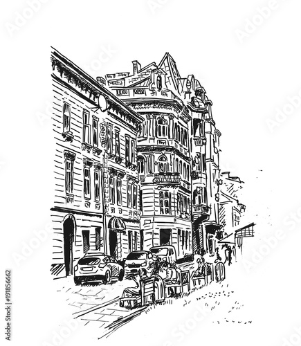 Original sketch hand drawing of european cityscape. Historical building illustration