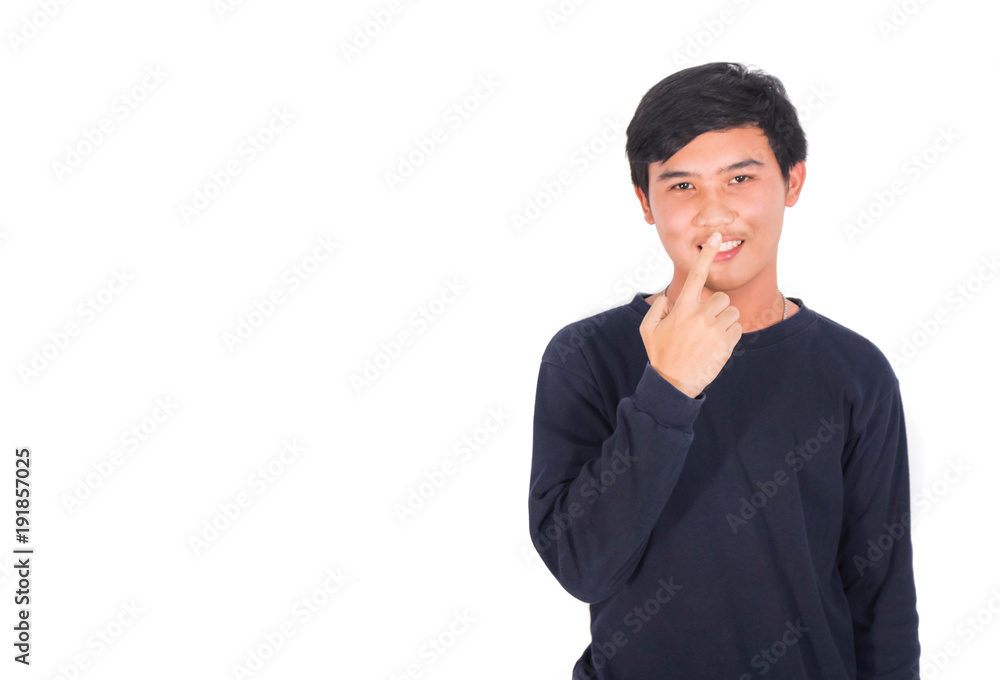 A handsome Asian man in black clothes standing show one finger in Studio white background