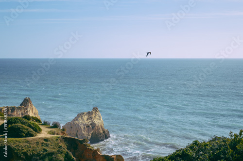 Sunny day, ocean cliffs, sand beach panorama view seascape outdoor, inspiring pleasure background
