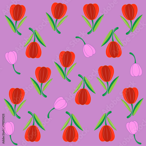 Pattern red tulips on a pink background