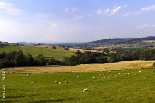 Evening sunshine view of an idyllic valley in the Cotswold countryside near Winchcombe, Gloucesteshire, UK.