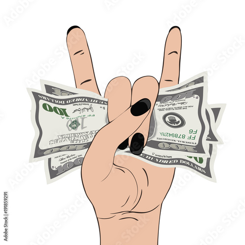 Rock-n-roll hand gesture with clutched currency USA.