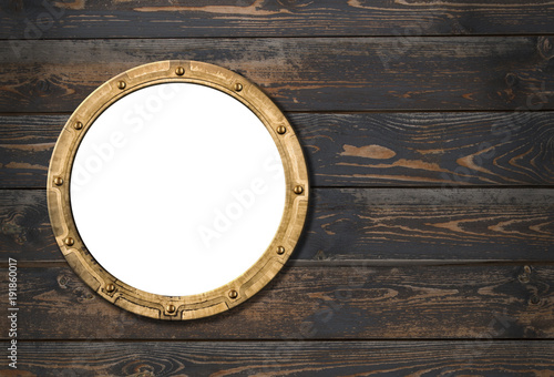 ship or boat porthole frame on wooden wall 3d illustration