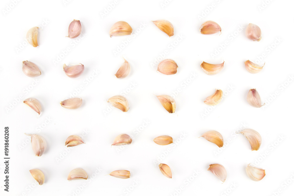 Flat lay of garlic clove isolated white background, top view shot