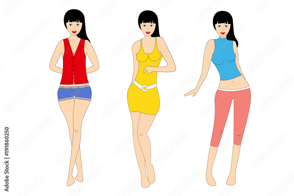 pretty young woman in summer outfit, on white background pretty young woman in summer outfit, on white background