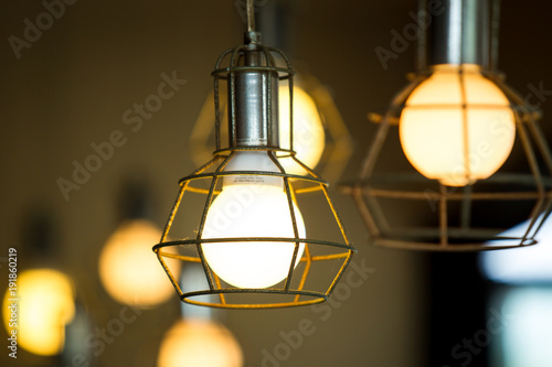 Old light bulbs and bokeh light background close up.