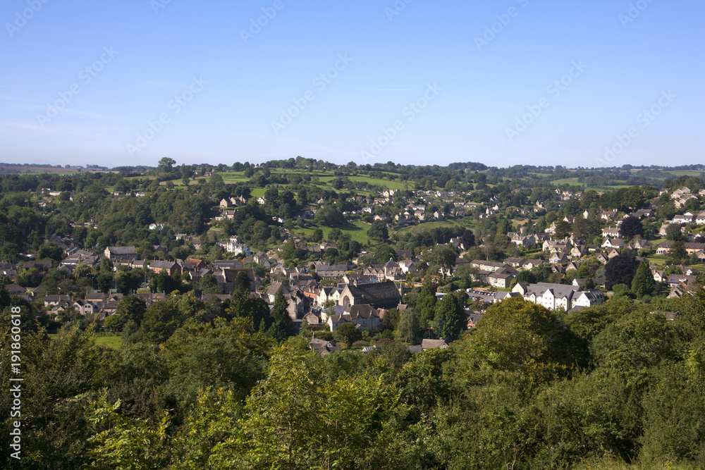 View over Nailsworth valleys on the edge of the Cotswold Hills, Gloucestershire, UK