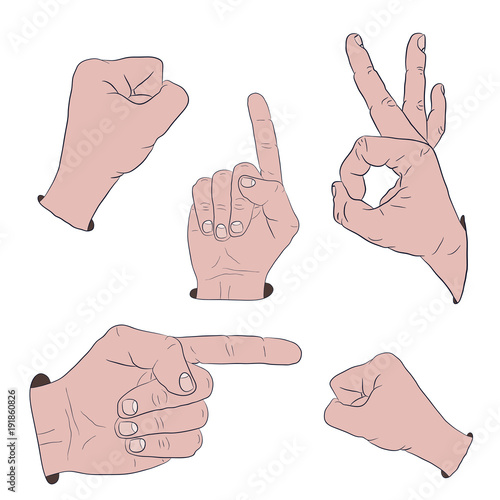 Hand gestures realistic art icon set. Isolated vector illustration of human hands