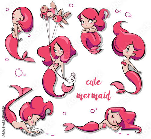 set of cute cartoon mermaids
