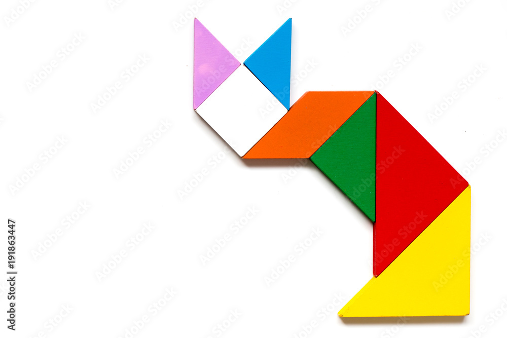 Color wood tangram puzzle in cat shape on white background Color wood tangram puzzle in cat shape on white background