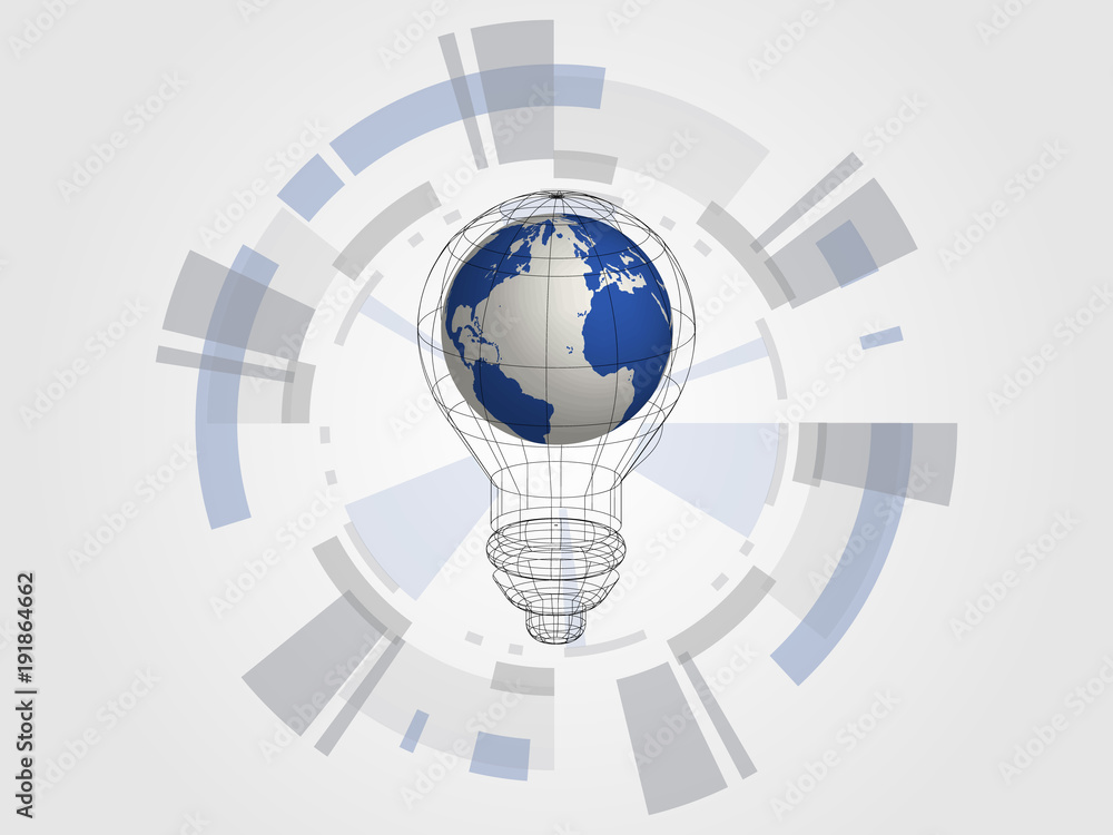 Technology background. 3d world map in bulb represents concept of idea and innovation. Concept of new idea for the future. Vector illustration.