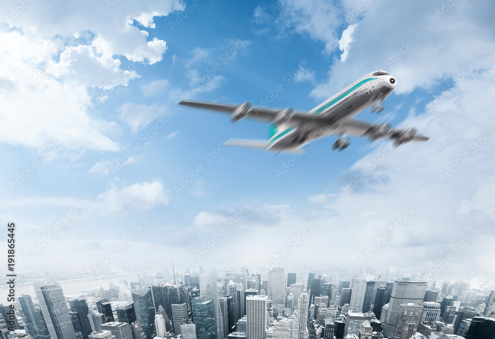 Plane flying over the sky of a modern city Plane flying over the sky of a modern city