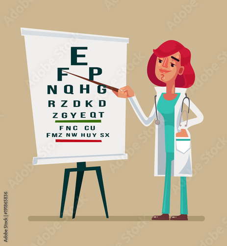 Woman doctor ophthalmologist character making test. Vector cartoon illustration