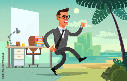 Office worker character run to vacation. Vector flat cartoon illustration