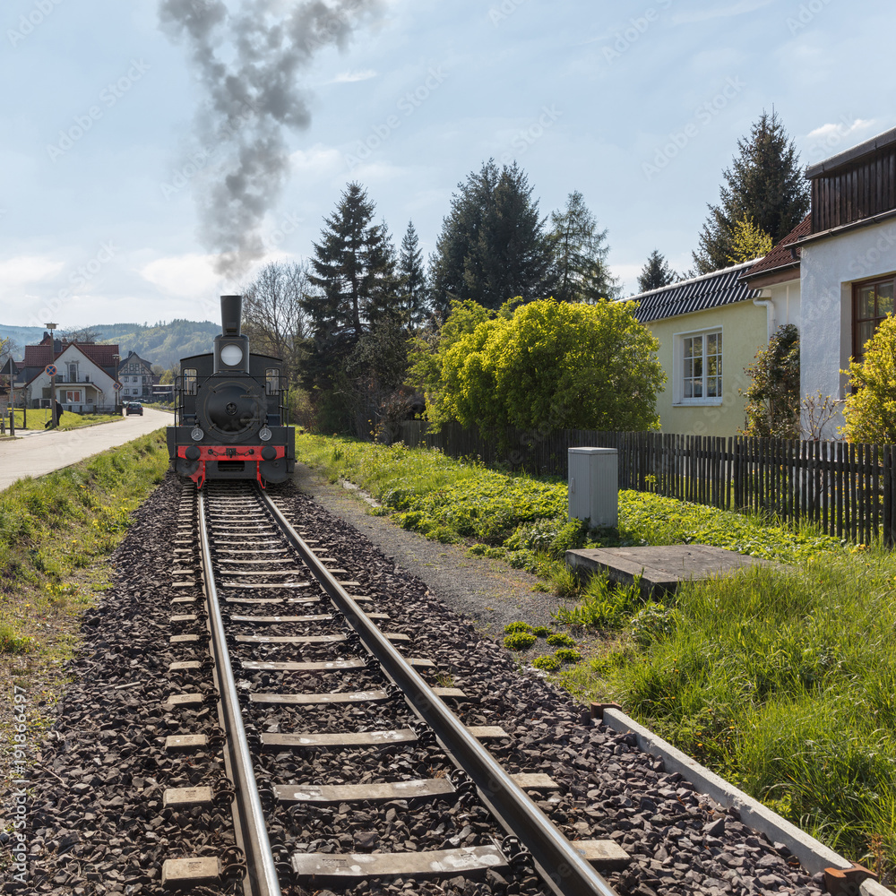 Obraz premium Eisenbahn Lokomotive auf Schienen im Frühling