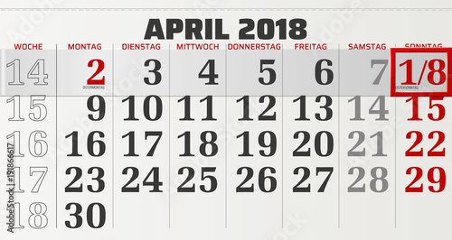 Monatskalender April 2018 Vektor Grafik mit verschiebbarem Rahmen 