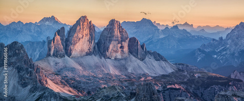 Tre Cime di Lavaredo mountains in the Dolomites at sunset, South Tyrol, Italy