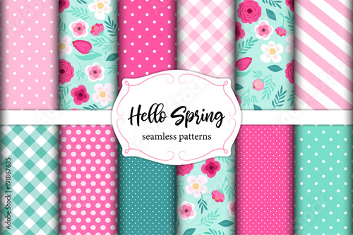 Set of cute seamless Hello Spring patterns with primitive flowers, polka dots, stripes and plaid