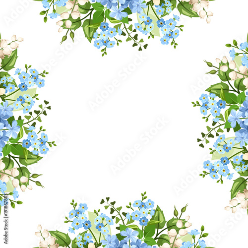 Vector background frame with blue and white forget-me-not, lily of the valley and plumbago flowers.