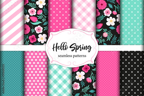 Set of cute seamless Hello Spring patterns with primitive flowers, polka dots, stripes and plaid