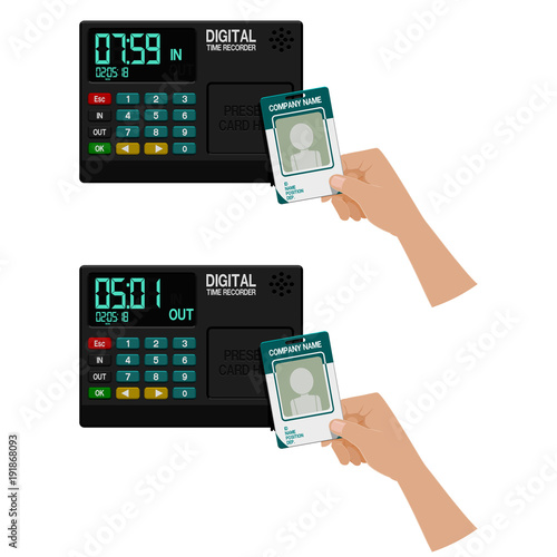Hand which is registering working time with card on transparent background
