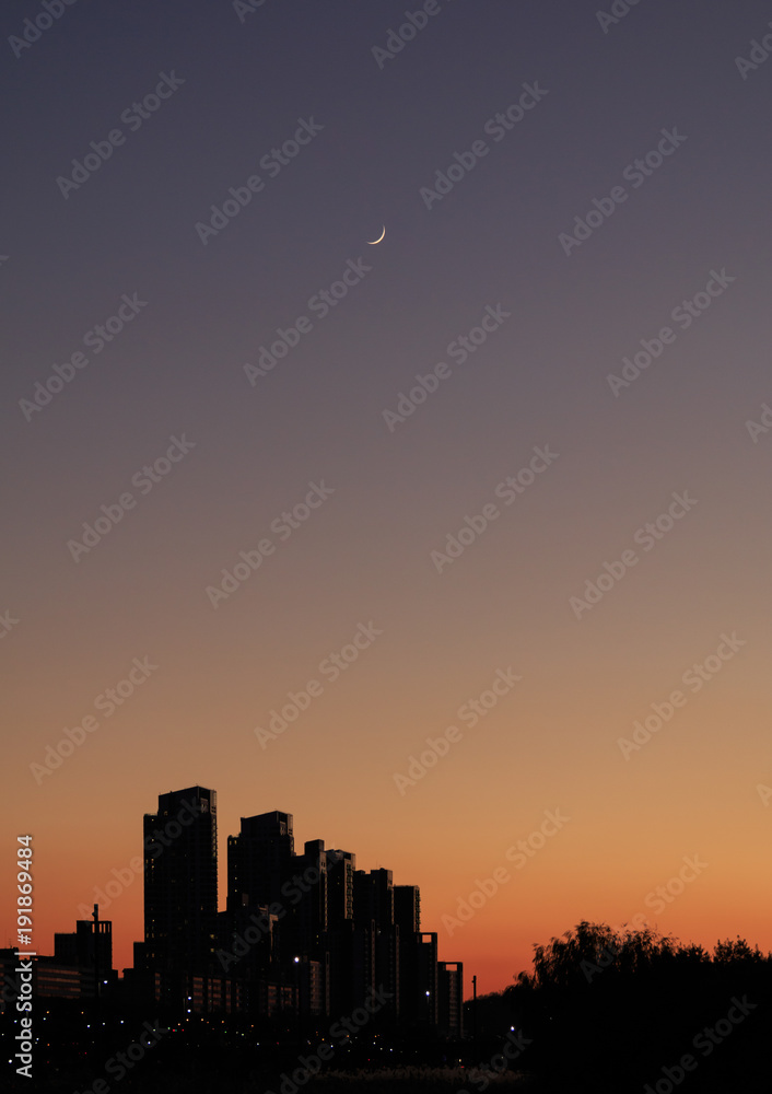 Silhouette of the skyline with crescent moon