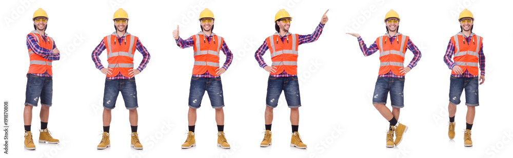 Young construction worker in helmet and briefs isolated on white Young construction worker in helmet and briefs isolated on white